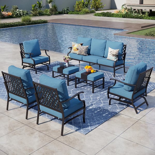 PHI VILLA Black Meshed 9-Seat 7-Piece Metal Outdoor Patio Conversation Set with Denim Blue Cushions,2 Motion Chairs and 2 Ottomans