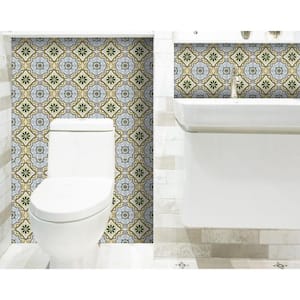 Taupe and Blue Scroll 4 in. x 4 in. Vinyl Peel and Stick Removable Tile Stickers (2.64 sq.ft./Pack)