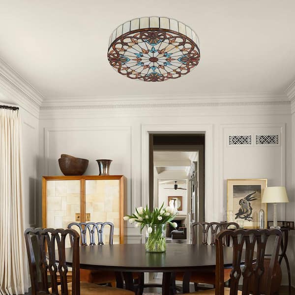 OUKANING 19.68 in. 4-Light Colorful Mosaic Vintage Tiffany Flush