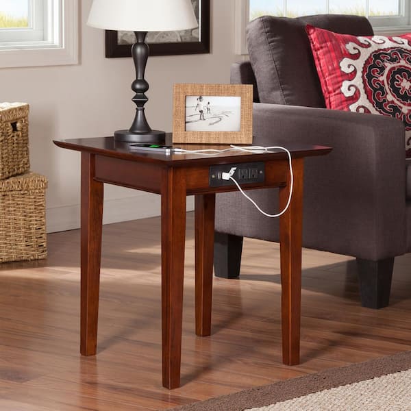 AFI Shaker 20 in. Wide Walnut Brown Square Solid Hardwood End Table with USB Electronic Device Charger Set of 2