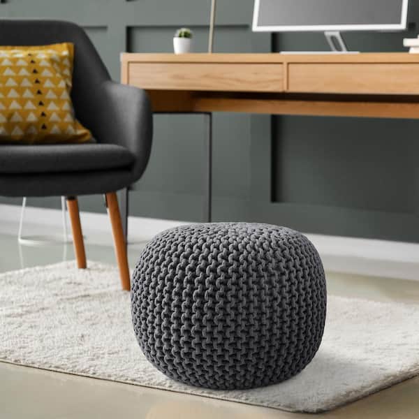 Casafield Dark Gray Knit Cotton Round 20 in. x 20 in. x 14.5 in. Pouf Foot Stool