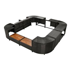 Black 8-Piece Wicker Outdoor Sectional Set Spa Hot Tub Accessories Furniture with Storage and Gray Cushions