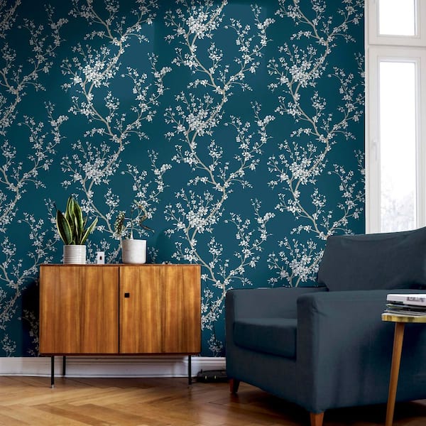 Kaia Blue Flowering Tree Wallpaper Sample