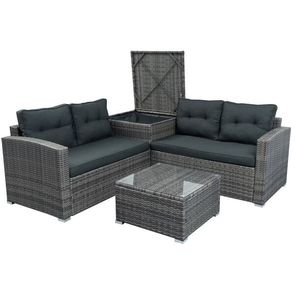 Willit Gray 4-Piece Wicker Metal Fabric Outdoor Sectional Set with Gray Cushions
