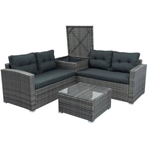 Gray 4-Piece Wicker Patio Sectional Seating Set with Gray Cushions and Large Storage Box