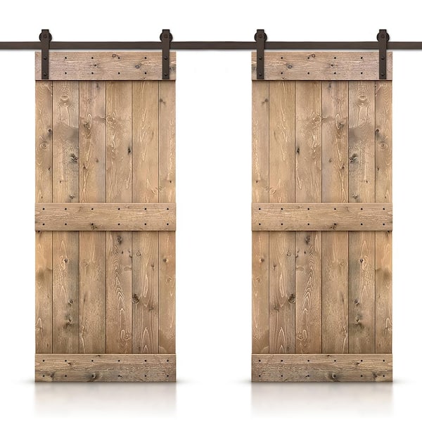 CALHOME Mid-Bar 84 in. x 84 in. Light Brown Stained DIY Solid Pine Wood Interior Double Sliding Barn Door with Hardware Kit