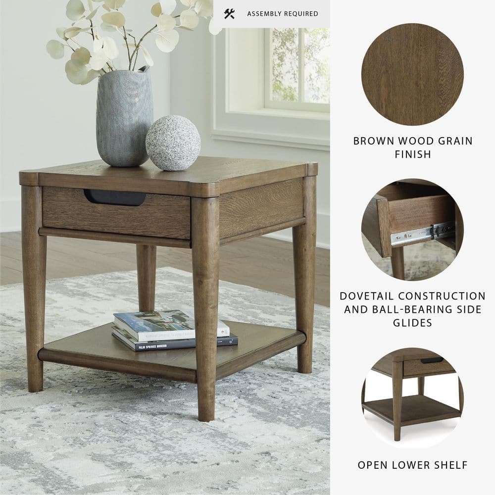 Roanhowe 24.13 in. Brown Rectangle Wood End Table with Shelf and Drawer - thumbnail 6