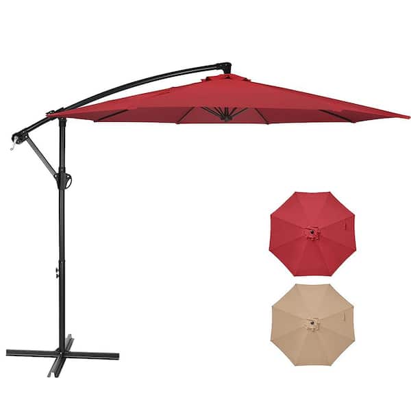FASHION FINESSE LLC 10 ft. Cantilever Metal Offset Outdoor Patio Umbrella in Red with Crank and Cross Base