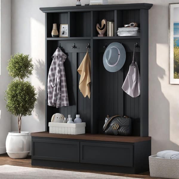 Reese Multi-Functional 4 in 1 Black+Dark Walnut Entryway Hall Tree with Curved Top, Drawers, Hooks, and Bench