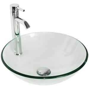 Tempered Glass Round Vessel Sink in Clear with Chrome Faucet and Pop-up Drain