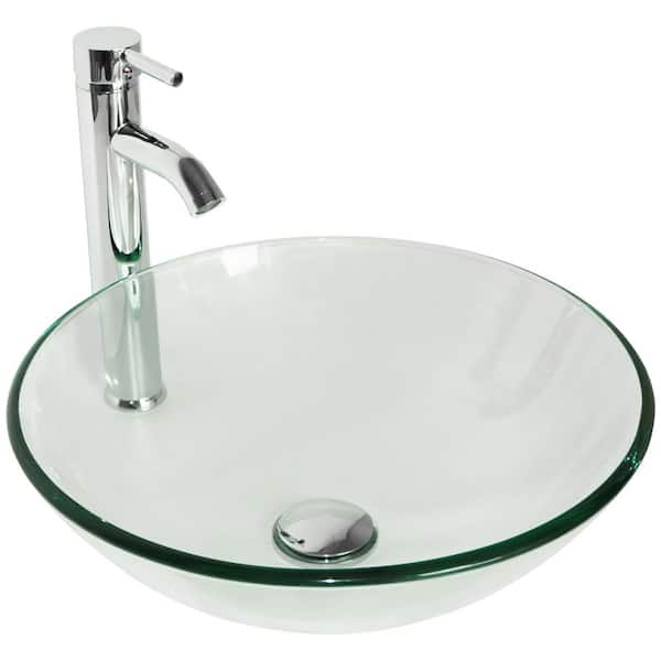 Tatahance Bathroom Tempered Clear Glass Round Vessel Sink with Chrome Faucet and Pop-up Drain