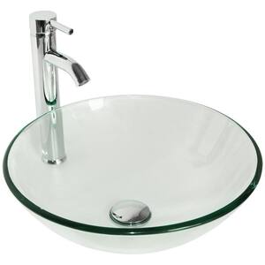 Bathroom Tempered Clear Glass Round Vessel Sink Chrome Faucet & Pop-up Drain
