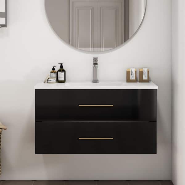 Afhocomp 36 in. Single Sink Floating Black Bath Vanity with White ...