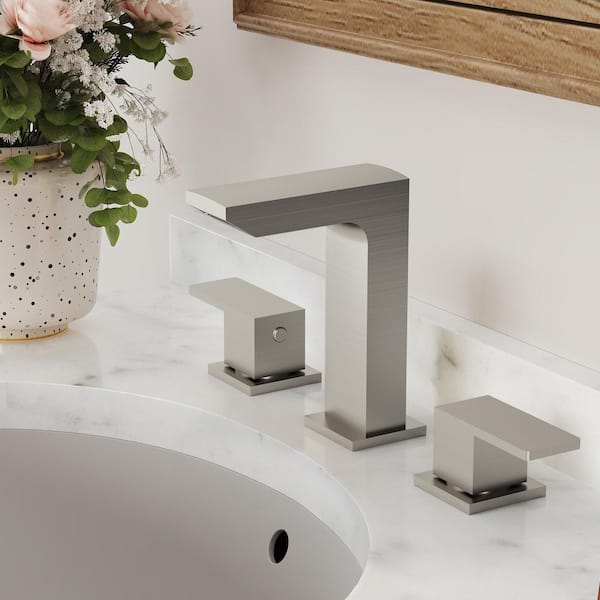Minimalist 2-Handle 3-Hole Bathroom Sink Faucet Widespread Vanity Faucet with Drain in Brushed Nickel