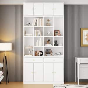 94.5 in. Tall White Wood 18-Shelf Standard Bookcase Accent Storage Cabinet Buffet Cupboard with Open Shelves, Drawers