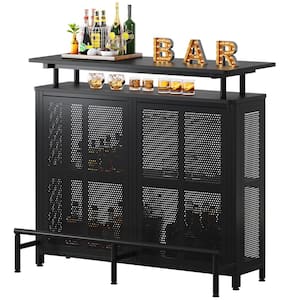 Walter 47.2 in. Black Wood Home Bar Unit, 3-Tier Liquor Bar Table with Stemware Racks and Wine Storage Shelves