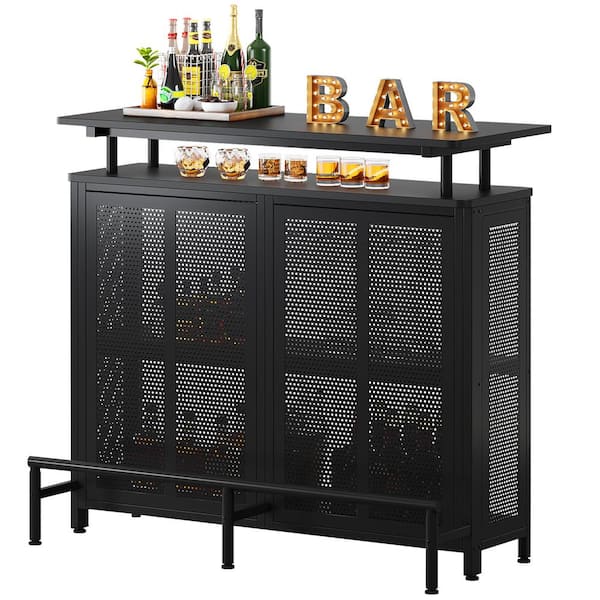 Tribesigns Walter 47.2 in. Black Wood Home Bar Unit, 3-Tier Liquor Bar Table with Stemware Racks and Wine Storage Shelves