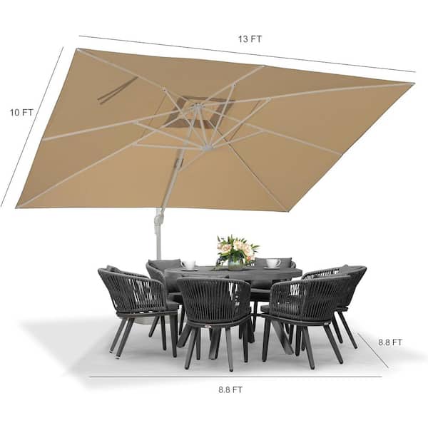 10 ft. x 13 ft. Outdoor Patio Cantilever Umbrella White Aluminum Offset 360° Rotation Umbrella with Base, Beige