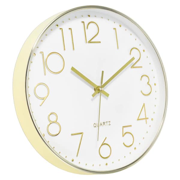 Afoxsos 12 in. Gold  and  White Analog Plastic Battery Operated Silent Non-Ticking Wall Clock