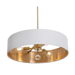 Celine 60-Watt 3-Light Satin Brass Shaded Pendant Light with Fabric Shade and No Bulbs Included