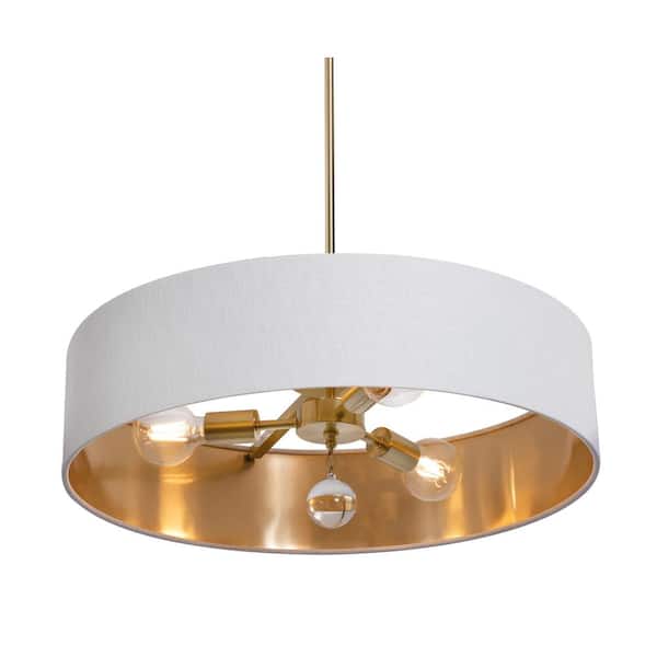 AFX Celine 60-Watt 3-Light Satin Brass Shaded Pendant Light with Fabric Shade and No Bulbs Included
