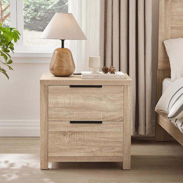 Cian Farmhouse Style Natural 2 Drawers 15.75 in.W Nightstand with 2 Power Outlets, USB and Type-C Ports for Bedroom