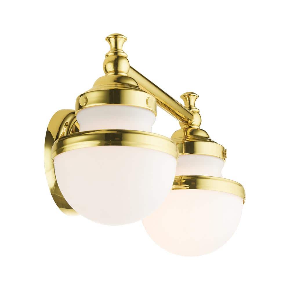 Oldwick Polished Brass 2-Light Vanity Sconce with Satin Opal White Glass