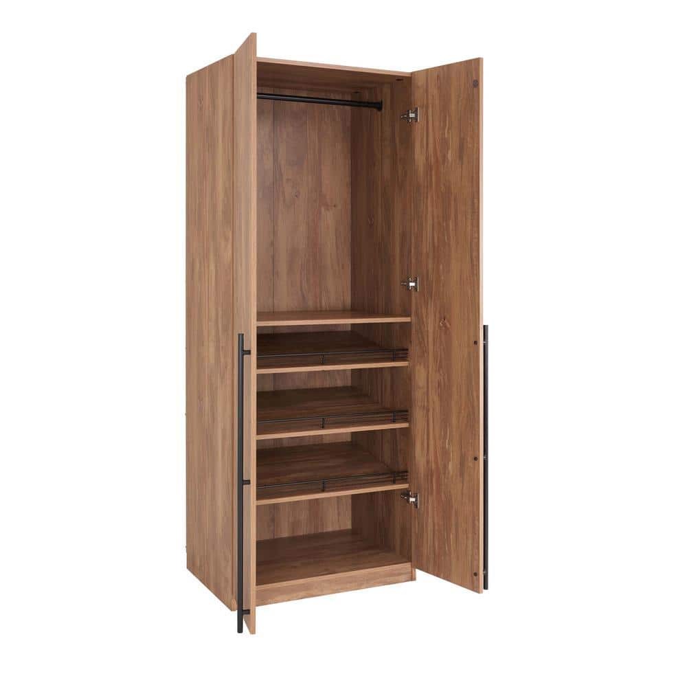 Golden Brown Tall Freestanding Wardrobe with Black Metal Handles