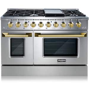 Professional 48 in. 6.7 cu. ft. 8-Burners Double Oven Gas Range w/ Griddle in Stainless Steel with Gold Knobs and Handle