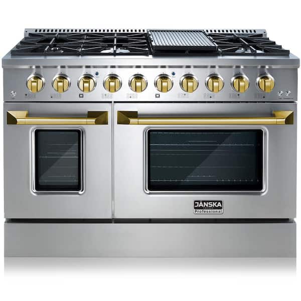 JANSKA Professional 48 in. 6.7 cu. ft. 8-Burners Double Oven Gas Range w/ Griddle in Stainless Steel with Gold Knobs and Handle