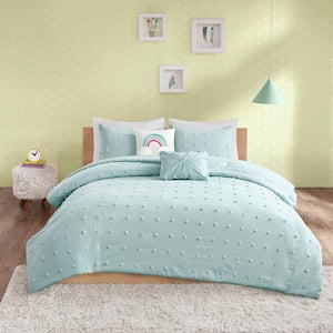 Ensley 5-Piece Aqua 100% Cotton Full/Queen Jacquard Pom Pom Kids Comforter Set