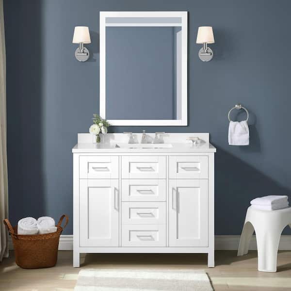 OVE Decors Tahoe III 42 in. W x 21 in. D x 35 in. H Single Sink Vanity in White with White Engineered Stone Top, Mirror & Outlet