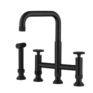 Double -Handle Bridge Kitchen Faucet with Side Sprayer 4 Hole Stainless Steel Kitchen Sink Taps in Matte Black