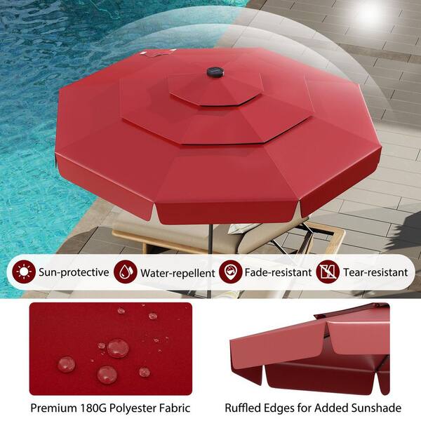 10 ft. Steel Market Solar Patio Umbrella with 3-Tier Vented Top and 32 LED Lights in Red