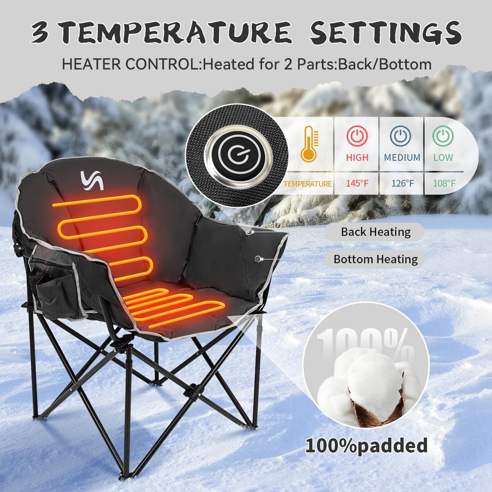 Double Heated Black Folding Outdoor Camping Chair with Cushions