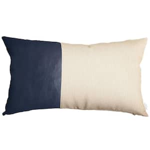 Navy Blue Boho Handcrafted Vegan Faux Leather Lumbar Solid 12 in. x 20 in. Throw Pillow Cover
