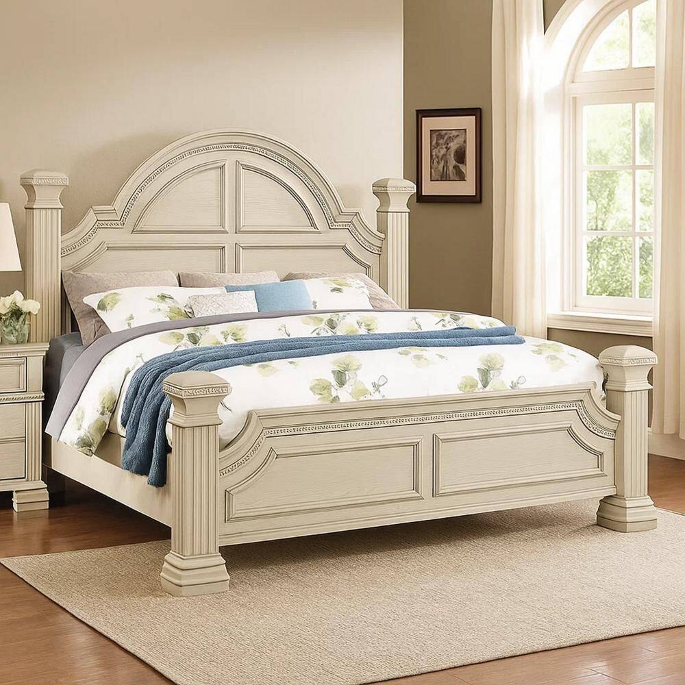 Benjara Akia Antique White Wood Frame Queen Panel Bed with