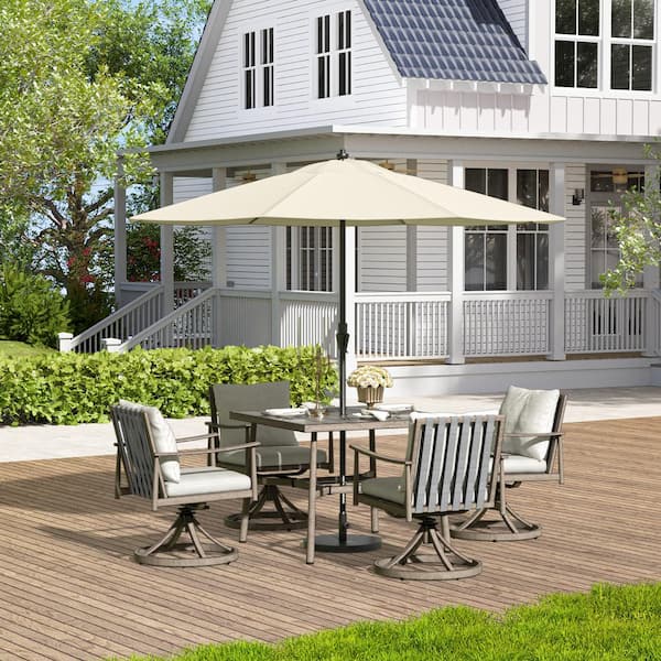 Sunset Retreat 5-Piece Aluminum Outdoor Dining Set with Swivel Chairs and Light Gray Cushions