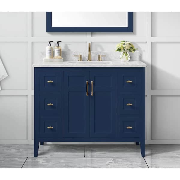 Home Decorators Collection Sturgess 43 in. W x 22 in. D x 35 in. H Single Sink Freestanding Bath Vanity in Navy Blue with Carrara Marble Top