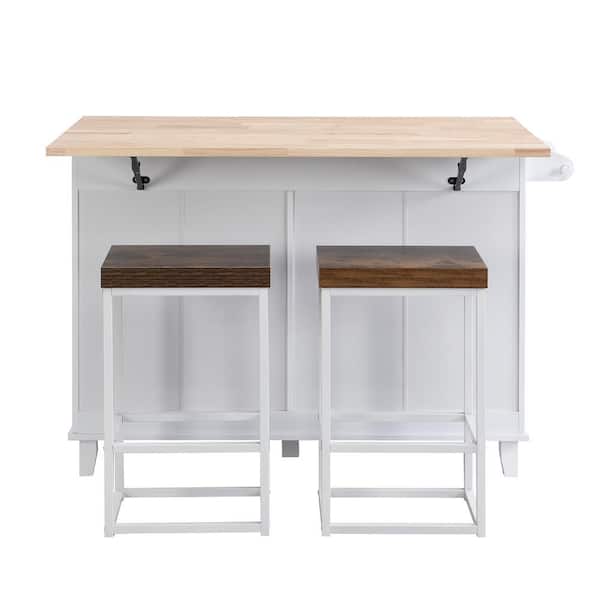 White Wood 50.3 in. Kitchen Island Set with Drop Leaf and 2
