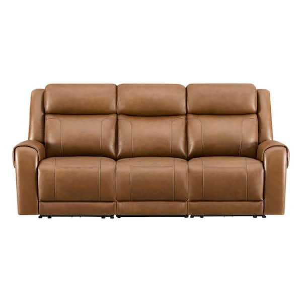 Carter 83.46 in. Dual Motors Wall Hugger Leather Power Reclining Rectangle Sofa in Saddle with Cup Holders, Straight Arm
