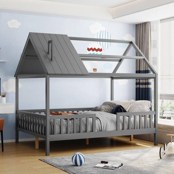 Angel Sar Gray Wood Full Size Platform Bed with Roof and Fence