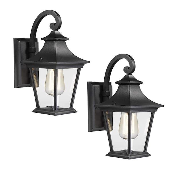 JAZAVA 1-Light Black Finish with Clear Glass Hardwired Outdoor Wall Lantern Sconce (2-Pack)