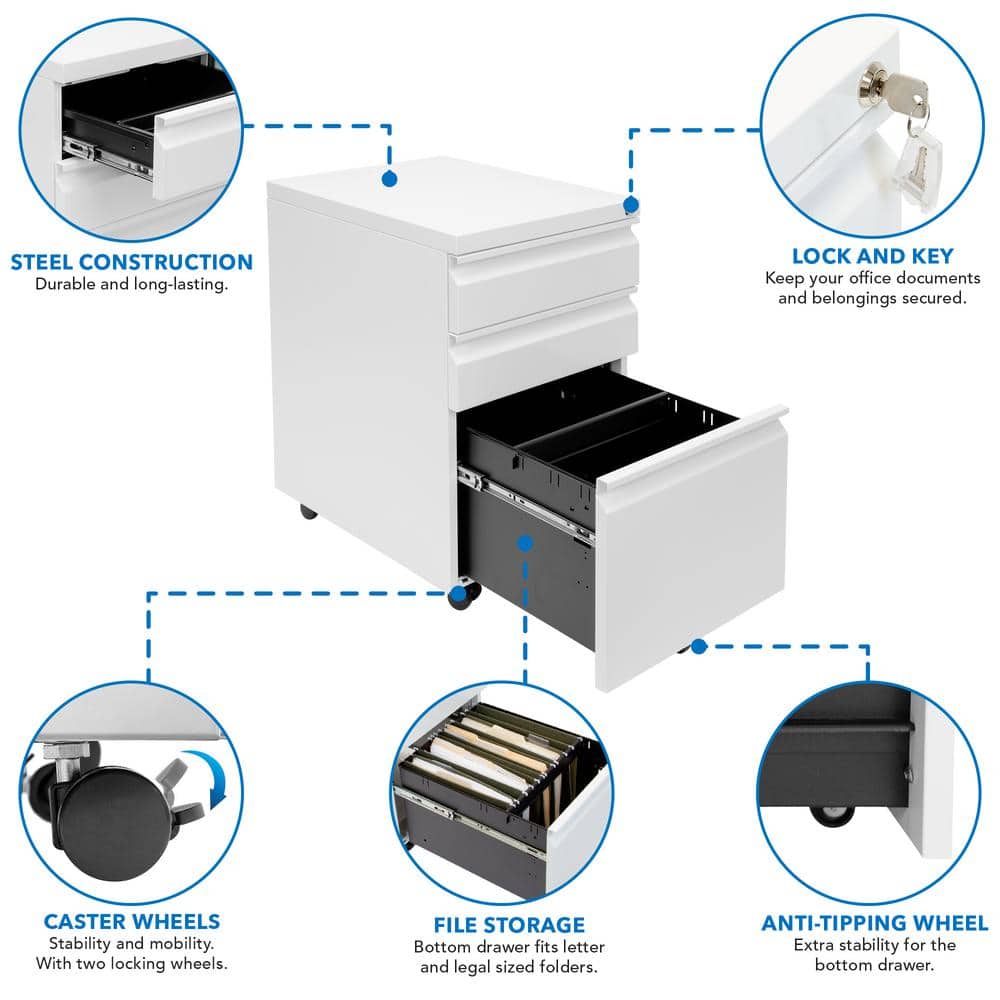 White Steel Mobile 3-Drawer Lockable File Cabinet
