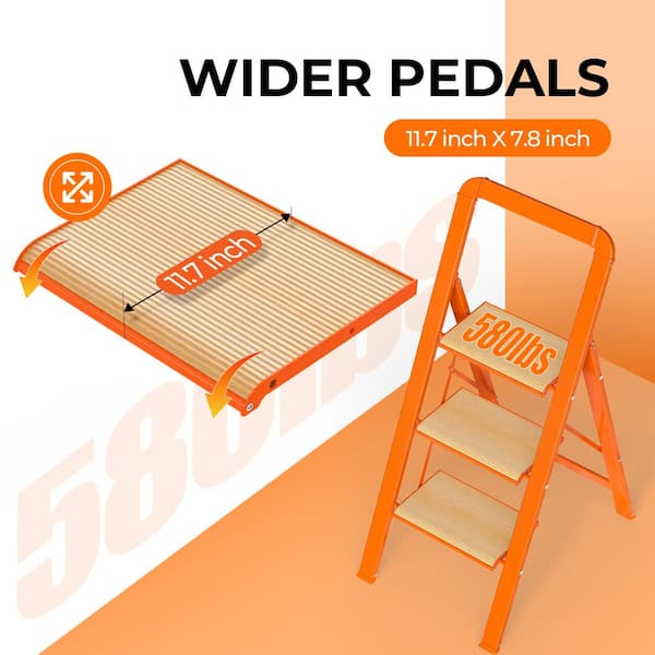 3-Step Reach Aluminium Foldable Step Stool with Wide Anti-Slip Pedals, 580 lbs. Capacity, Orange Multi