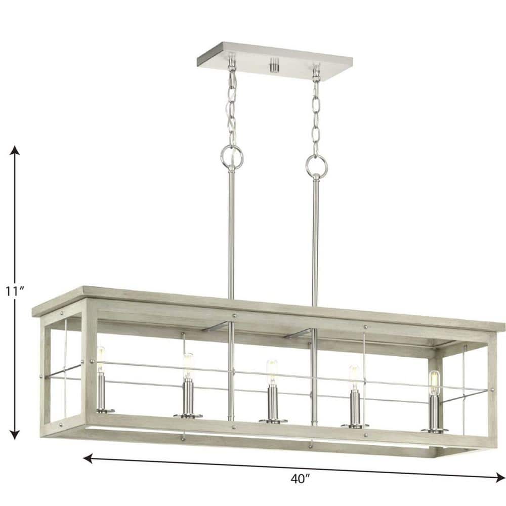 Hedgerow Brushed Nickel and Grey Washed Oak 5-Light Linear Chandelier