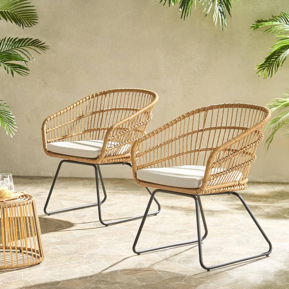 Set of 2 Light Brown and Beige Wicker Outdoor Dining Chairs with Iron Frame