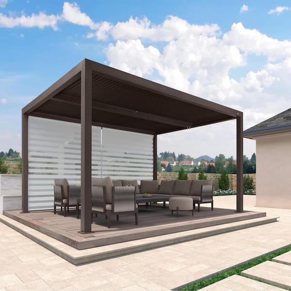 10 ft. x 14 ft. Bronze Aluminum Frame Louvered Pergola with Adjustable Sunshade Roofs and 1-Long Side Roller Shades