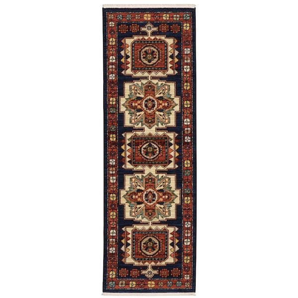 AVERLEY HOME Lillian Blue/Red 2 ft. x 6 ft. Bohemian Oriental Wool/Nylon Blend Fringed-Edge Indoor Runner Area Rug