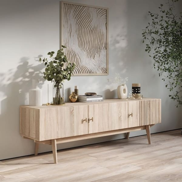LIVING SKOG Chelsea 59 in. Beige TV Stand Fits for TV's up to 65 in. Slatted Design and Wood Legs